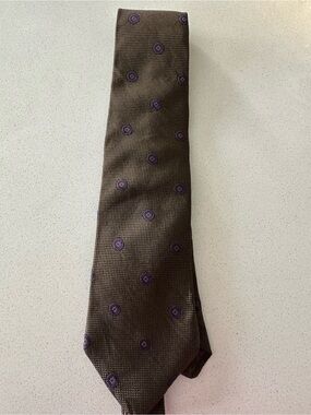 Lanvin Olive Brown Tie with Purple Medallions